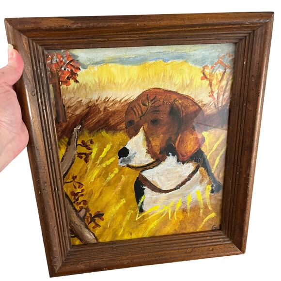 Vintage Rustic Beagle Foxhound Dog OriginalPainting Signed Wood Frame